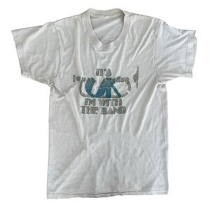 70s Vintage Its Okay Im With The Band Beige Paper Thin Glitter Tee Shirt Novelty